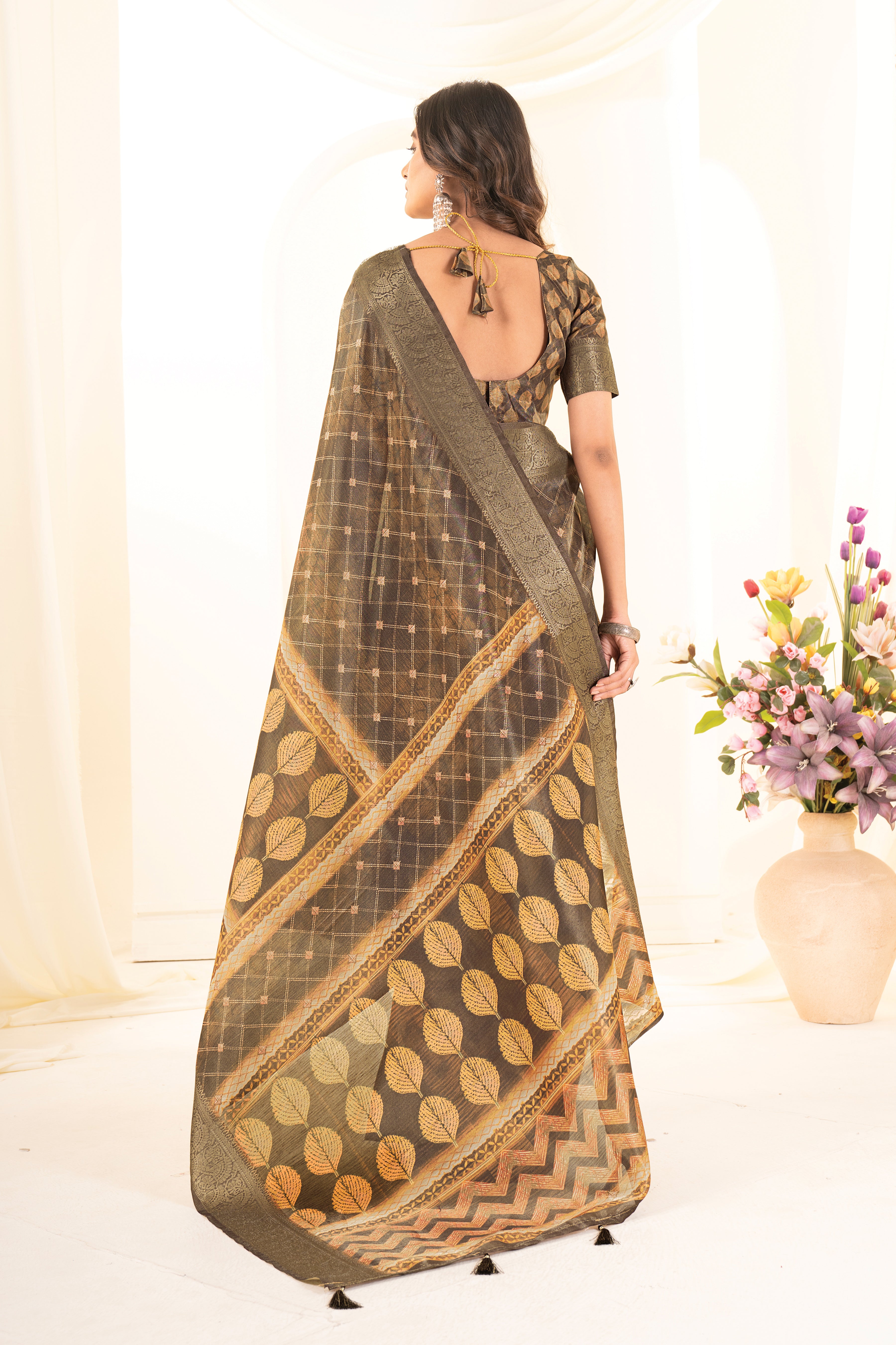 Green Orange Tussar Silk Ajrak Saree